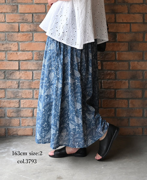 NSL26065 80s VOILE LEAF & FLOWER PRINT GATHERED SKIRT