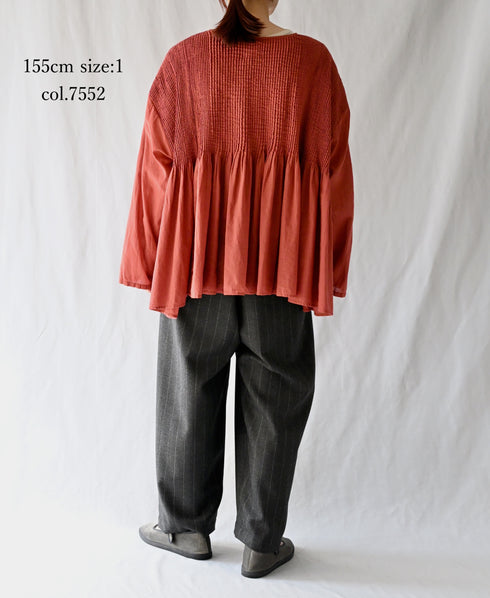 NMDS26603D ORGANIC MICRO CHK&VOILE PLAIN PATCHWORK OVERDYE CREW-NECK BUTTON SHIRT WITH PINTUCK