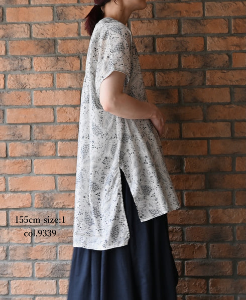 NSL26064 80s VOILE LEAF & FLOWER PRINT V-NECK FRENCH/SL TUNIC