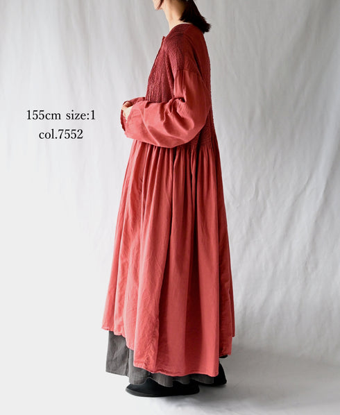 NMDS26604D ORGANIC MICRO CHK&VOILE PLAIN PATCHWORK OVERDYE CREW-NECK BUTTON SHIRT MAXI DRESS WITH PINTUCK