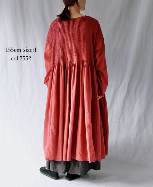 NMDS26604D ORGANIC MICRO CHK&VOILE PLAIN PATCHWORK OVERDYE CREW-NECK BUTTON SHIRT MAXI DRESS WITH PINTUCK