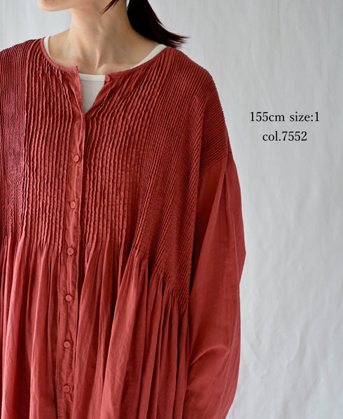 NMDS26604D ORGANIC MICRO CHK&VOILE PLAIN PATCHWORK OVERDYE CREW-NECK BUTTON SHIRT MAXI DRESS WITH PINTUCK