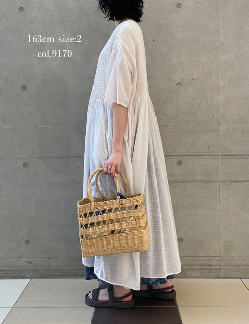 NMDS26504D 80s ORGANIC DOBIE CHECK OVERDYE CREW-NECK BUTTON SHIRT MAXI DRESS WITH PINTUCK