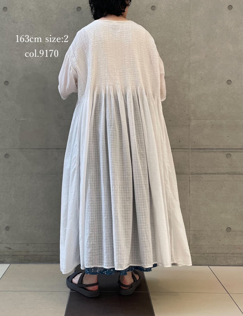 NMDS26504D 80s ORGANIC DOBIE CHECK OVERDYE CREW-NECK BUTTON SHIRT MAXI DRESS WITH PINTUCK