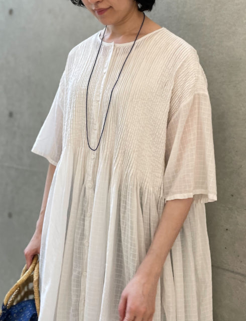 NMDS26504D 80s ORGANIC DOBIE CHECK OVERDYE CREW-NECK BUTTON SHIRT MAXI DRESS WITH PINTUCK
