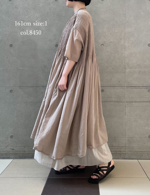 NMDS26504D 80s ORGANIC DOBIE CHECK OVERDYE CREW-NECK BUTTON SHIRT MAXI DRESS WITH PINTUCK