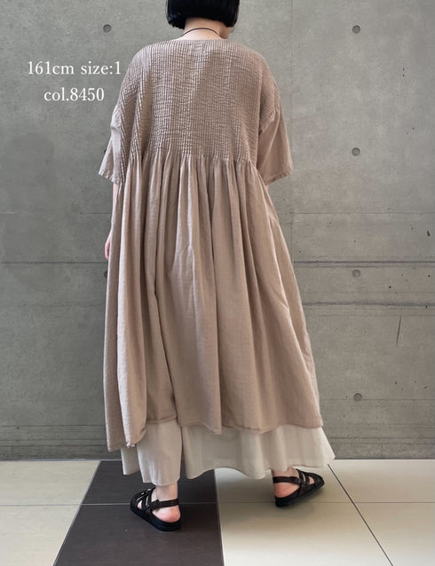 NMDS26504D 80s ORGANIC DOBIE CHECK OVERDYE CREW-NECK BUTTON SHIRT MAXI DRESS WITH PINTUCK