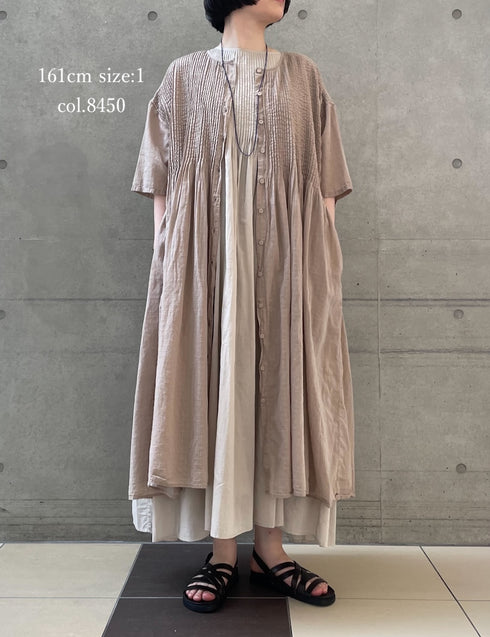 NMDS26504D 80s ORGANIC DOBIE CHECK OVERDYE CREW-NECK BUTTON SHIRT MAXI DRESS WITH PINTUCK