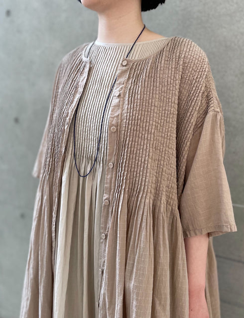 NMDS26504D 80s ORGANIC DOBIE CHECK OVERDYE CREW-NECK BUTTON SHIRT MAXI DRESS WITH PINTUCK