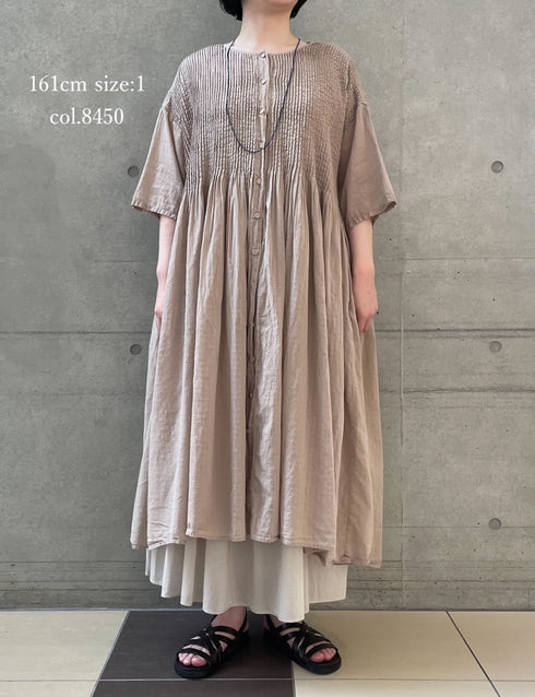 NMDS26504D 80s ORGANIC DOBIE CHECK OVERDYE CREW-NECK BUTTON SHIRT MAXI DRESS WITH PINTUCK