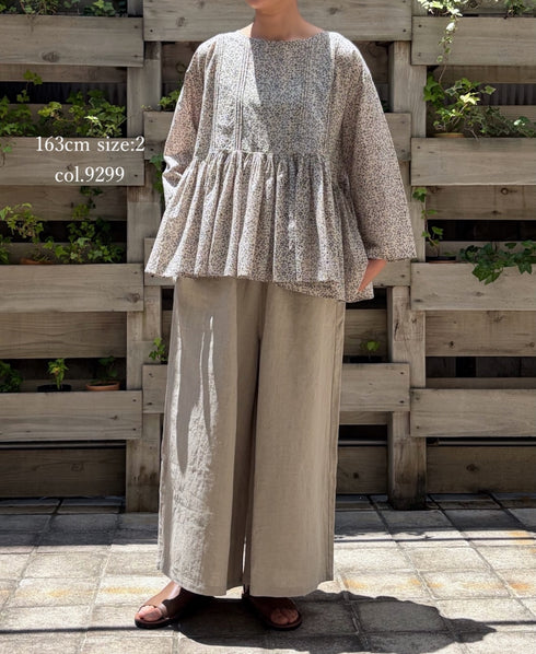INMDS26121 POWER LOOM COTTON VOILE ARABESQUE HAND SCREEN PRINT RAJASTHAN TUCK GATHERED 3/4SL PULLOVER