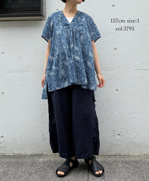 NSL26064 80s VOILE LEAF & FLOWER PRINT V-NECK FRENCH/SL TUNIC