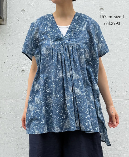 NSL26064 80s VOILE LEAF & FLOWER PRINT V-NECK FRENCH/SL TUNIC