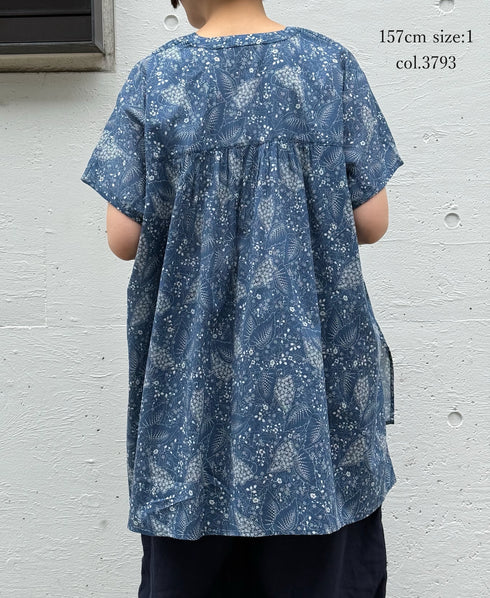 NSL26064 80s VOILE LEAF & FLOWER PRINT V-NECK FRENCH/SL TUNIC