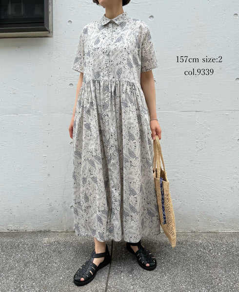 NSL26063 80s VOILE LEAF & FLOWER PRINT REGULAR COLLAR S/SL DRESS