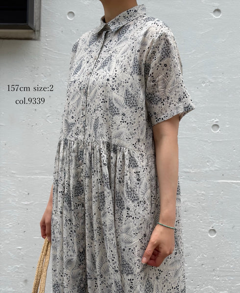 NSL26063 80s VOILE LEAF & FLOWER PRINT REGULAR COLLAR S/SL DRESS