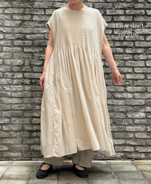 NMDS26513D 80s ORGANIC VOILE STRIPE (OVERDYE) CREW-NECK F/SL DRESS WITH PINTUCK