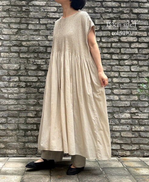 NMDS26513D 80s ORGANIC VOILE STRIPE (OVERDYE) CREW-NECK F/SL DRESS WITH PINTUCK