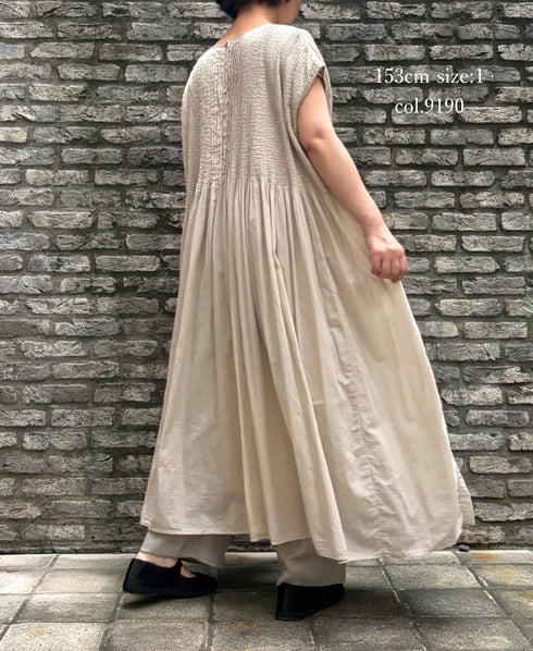 NMDS26513D 80s ORGANIC VOILE STRIPE (OVERDYE) CREW-NECK F/SL DRESS WITH PINTUCK