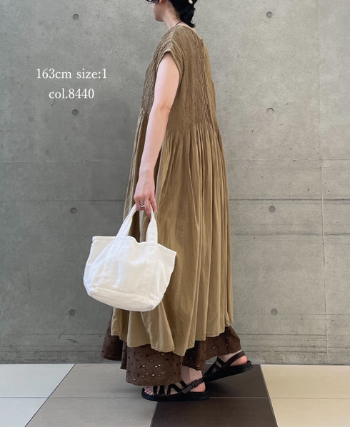NMDS26513D 80s ORGANIC VOILE STRIPE (OVERDYE) CREW-NECK F/SL DRESS WITH PINTUCK