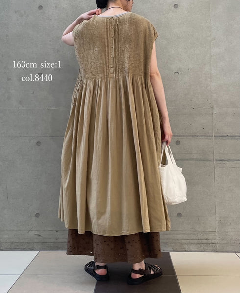 NMDS26513D 80s ORGANIC VOILE STRIPE (OVERDYE) CREW-NECK F/SL DRESS WITH PINTUCK