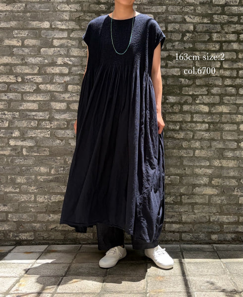 NMDS26513D 80s ORGANIC VOILE STRIPE (OVERDYE) CREW-NECK F/SL DRESS WITH PINTUCK