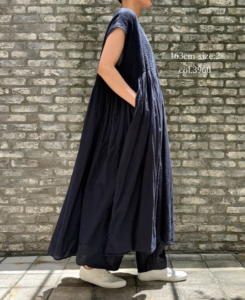 NMDS26513D 80s ORGANIC VOILE STRIPE (OVERDYE) CREW-NECK F/SL DRESS WITH PINTUCK