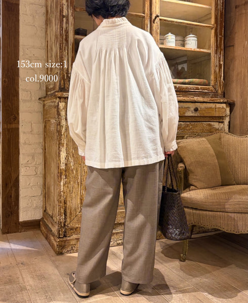 INMDS26702 TWILL COTTON KHADI PLAIN FRILL COLLAR SHIRTS WITH MINI PINTUCK