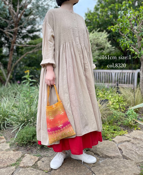 NMDS26604D ORGANIC MICRO CHK&VOILE PLAIN PATCHWORK OVERDYE CREW-NECK BUTTON SHIRT MAXI DRESS WITH PINTUCK