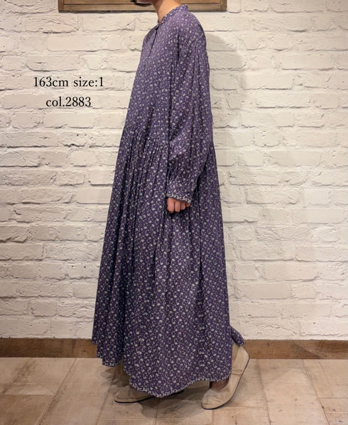 NMDS26544 80s ORGANIC VOILE GENTIANA BLOCK PRINT BANDED COLLAR DRESS WITH RAJASTHAN GATHER