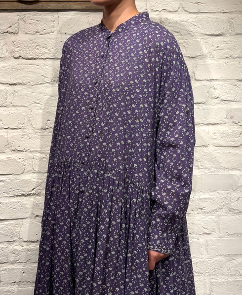 NMDS26544 80s ORGANIC VOILE GENTIANA BLOCK PRINT BANDED COLLAR DRESS WITH RAJASTHAN GATHER