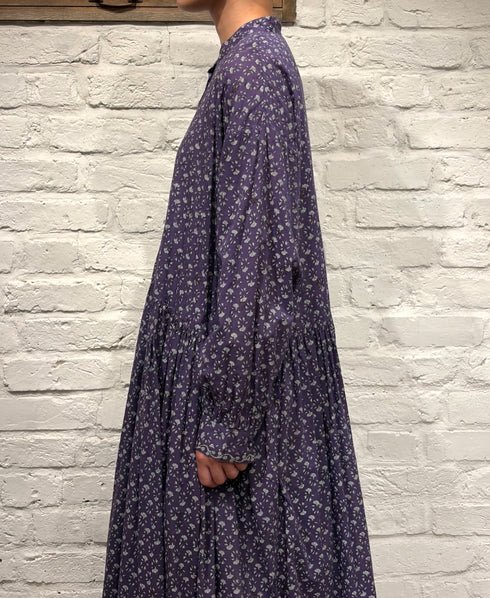 NMDS26544 80s ORGANIC VOILE GENTIANA BLOCK PRINT BANDED COLLAR DRESS WITH RAJASTHAN GATHER