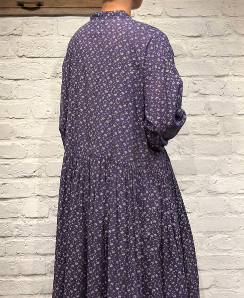 NMDS26544 80s ORGANIC VOILE GENTIANA BLOCK PRINT BANDED COLLAR DRESS WITH RAJASTHAN GATHER
