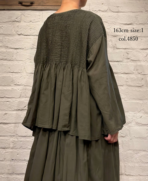 NMDS26603D ORGANIC MICRO CHK&VOILE PLAIN PATCHWORK OVERDYE CREW-NECK BUTTON SHIRT WITH PINTUCK