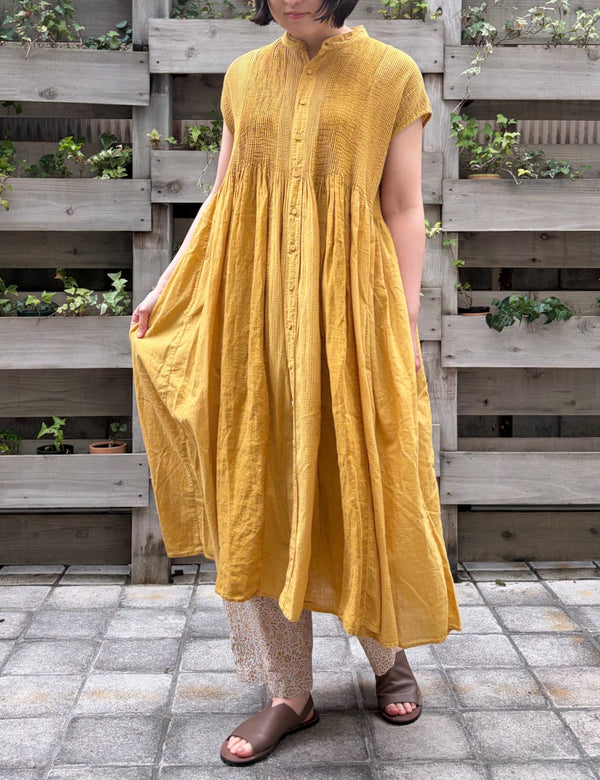 NMDS26264D ORGANIC COTTON/LINEN PATCHWORK OVERDYE BANDED F/SLEEVE SHIRT DRESS WITH MINI PINTUCK