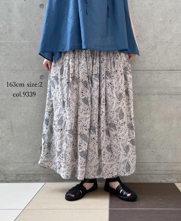 NSL26065 80s VOILE LEAF & FLOWER PRINT GATHERED SKIRT