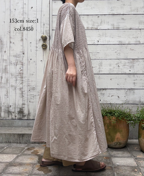 NMDS26504D 80s ORGANIC DOBIE CHECK OVERDYE CREW-NECK BUTTON SHIRT MAXI DRESS WITH PINTUCK