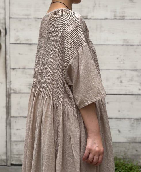 NMDS26504D 80s ORGANIC DOBIE CHECK OVERDYE CREW-NECK BUTTON SHIRT MAXI DRESS WITH PINTUCK
