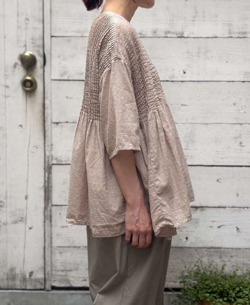 NMDS26501D 80s ORGANIC DOBIE CHECK OVERDYE CREW-NECK BUTTON SHIRT WITH PINTUCK