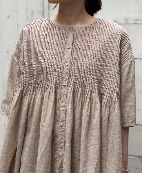 NMDS26501D 80s ORGANIC DOBIE CHECK OVERDYE CREW-NECK BUTTON SHIRT WITH PINTUCK
