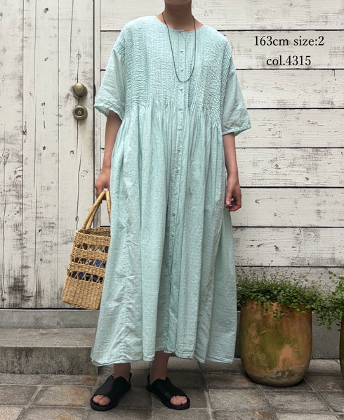 NMDS26504D 80s ORGANIC DOBIE CHECK OVERDYE CREW-NECK BUTTON SHIRT MAXI DRESS WITH PINTUCK