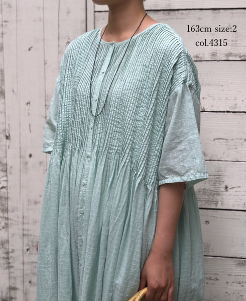 NMDS26504D 80s ORGANIC DOBIE CHECK OVERDYE CREW-NECK BUTTON SHIRT MAXI DRESS WITH PINTUCK