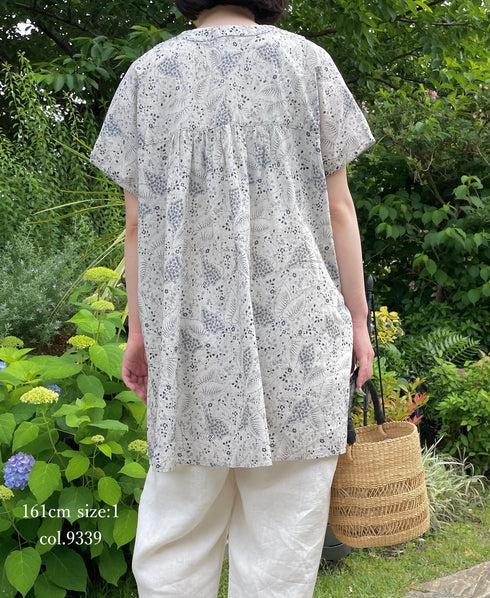 NSL26064 80s VOILE LEAF & FLOWER PRINT V-NECK FRENCH/SL TUNIC