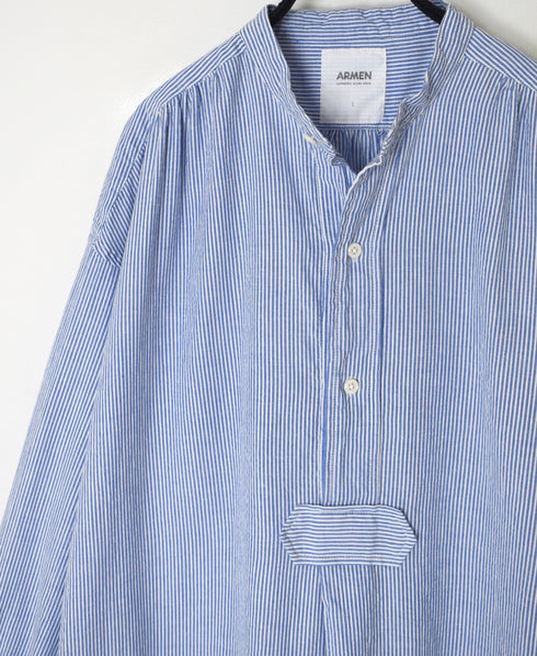 INAM2633S SEERSUCKER STRIPE WASH WORK GATHERED BANDED COLLAR DRESS SHIRTS