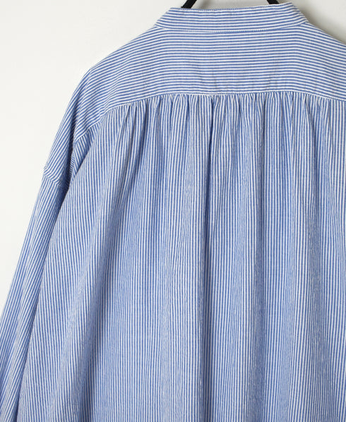 INAM2633S SEERSUCKER STRIPE WASH WORK GATHERED BANDED COLLAR DRESS SHIRTS