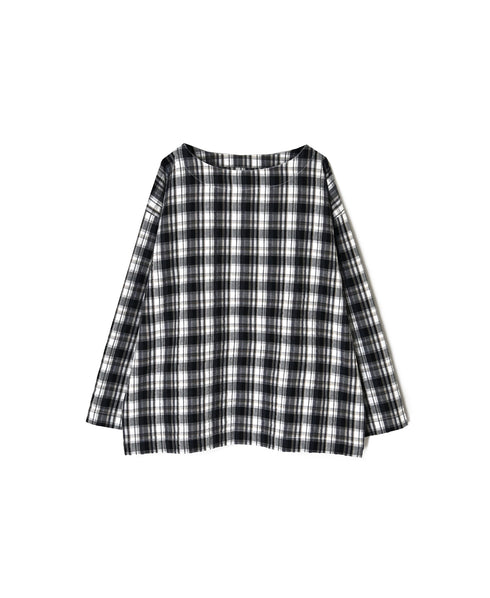 INAM2671 YARN DYED COTTON CHECK BOAT NECK SMOCK