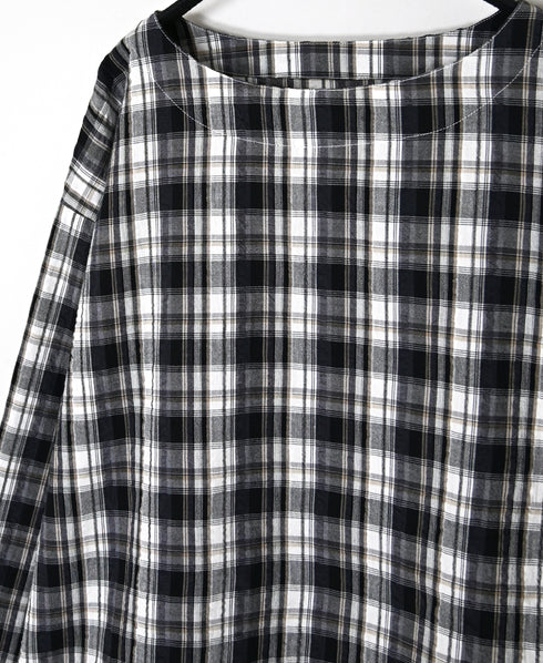 INAM2671 YARN DYED COTTON CHECK BOAT NECK SMOCK