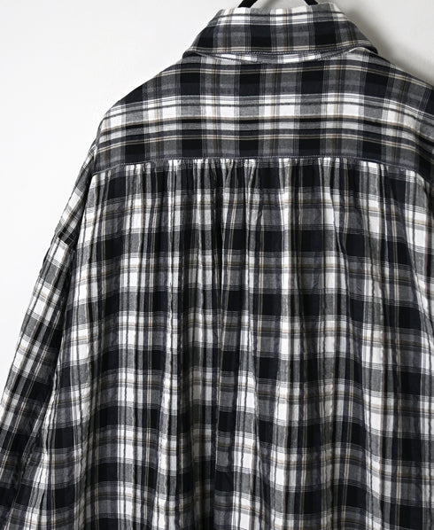 INAM2673 YARN DYED COTTON CHECK WORK GATHER LONG SHIRT