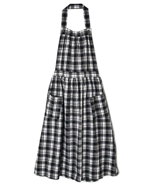 INAM2674 YARN DYED COTTON CHECK GATHERED APRON DRESS