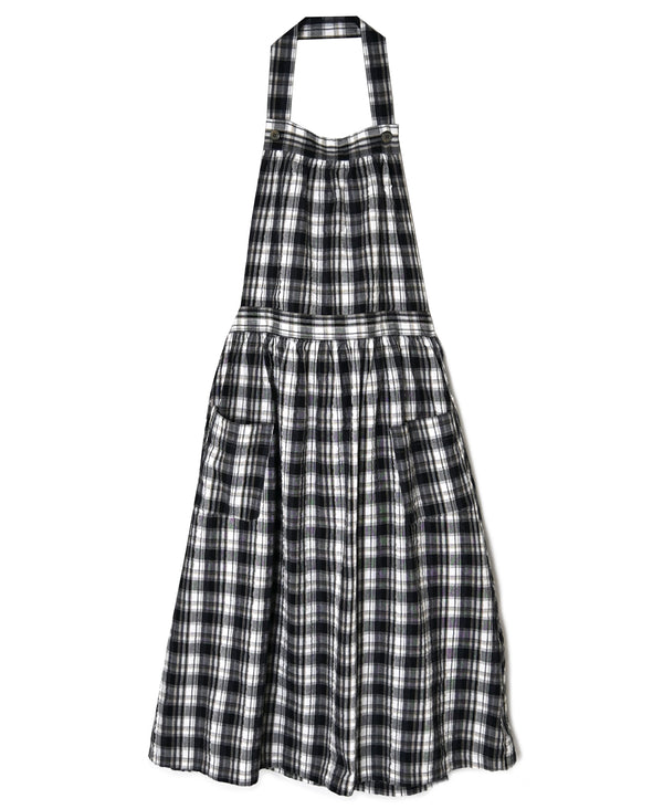 INAM2674 YARN DYED COTTON CHECK GATHERED APRON DRESS